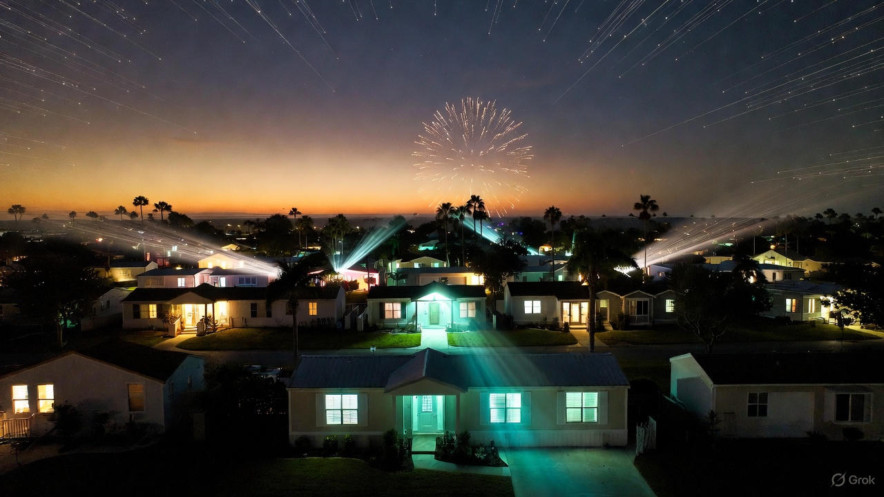 Cinematic neighborhood illuminated by fiber-powered light